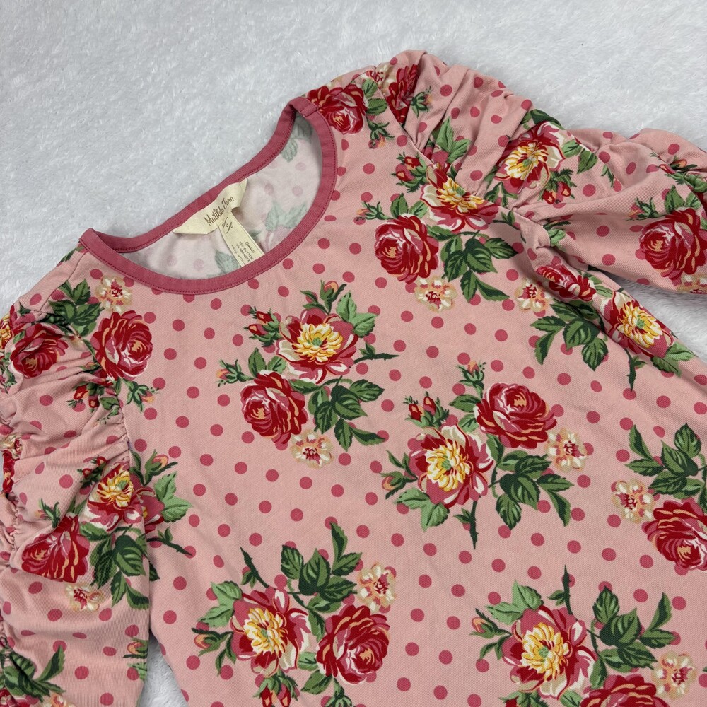 Matilda Jane Shirt Top Girls 6 Pink Floral Short 3/4 Puff Sleeve Ruched